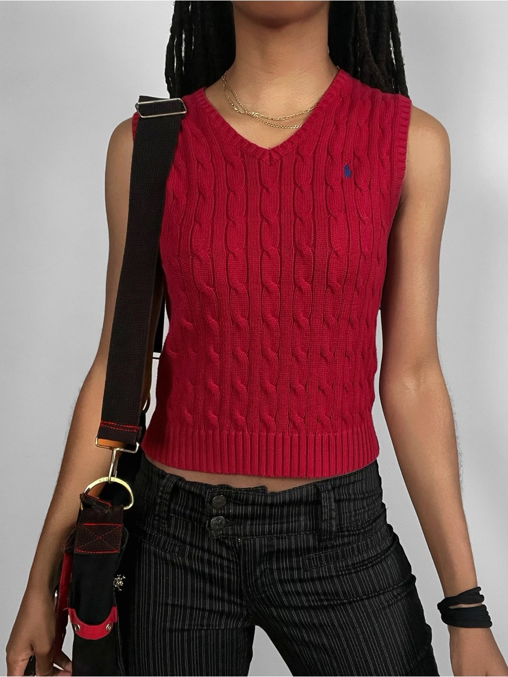 Polo Ralph Lauren Red Cable Knit Cotton Pony Sweater V Neck Vest Youth Kids 7